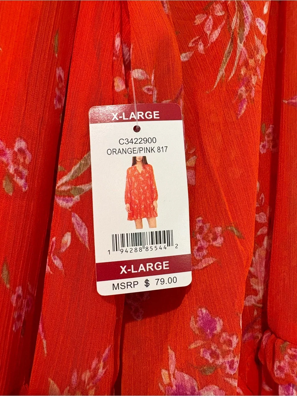 Vince Camuto Orange Floral Long-Sleeve Tie-Neck Tiered Dress